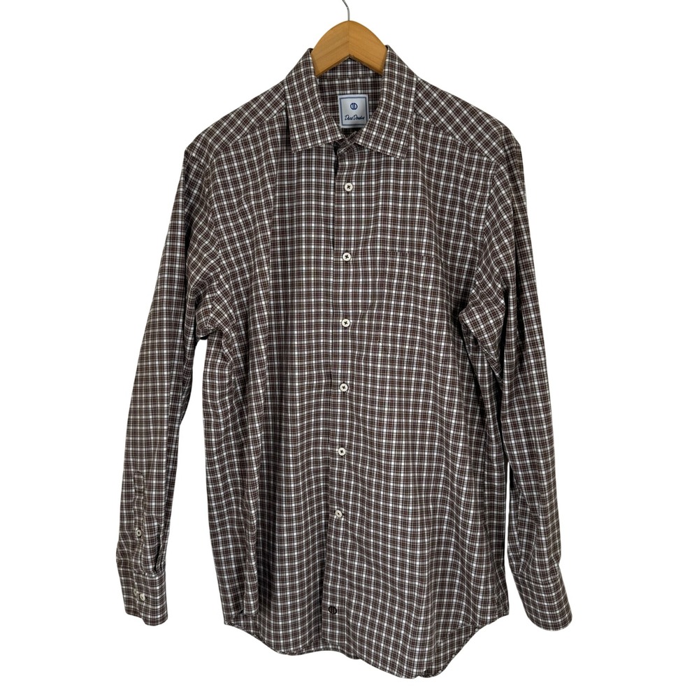 David Donahue Mens Brown White Plaid Long Sleeve Button Under Cotton Shirt Large